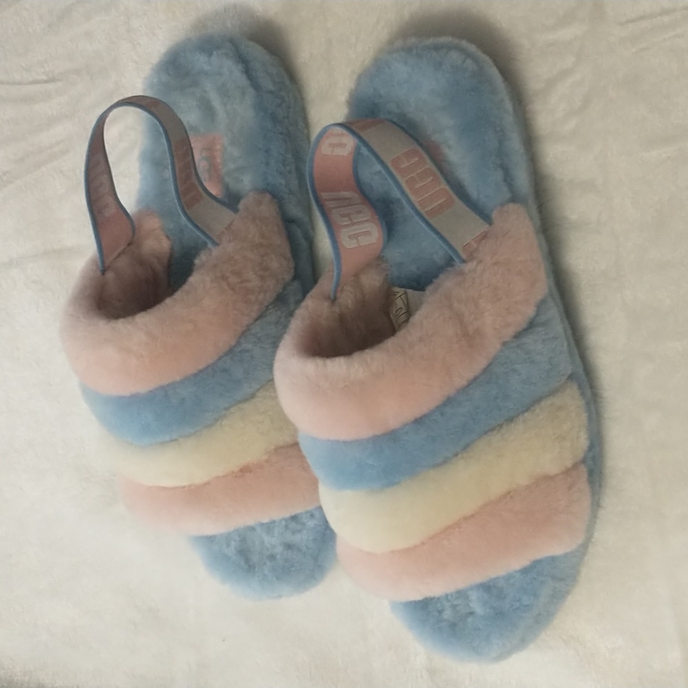 UGG Pastel Fluff Yeah Furry Pride Slingback Striped Pink Blue Slipper Sandals 11
